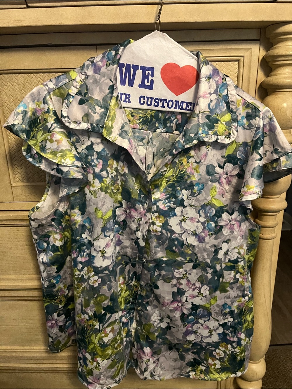 Violet B, Floral Button-Up Ruffle Sleeve Blouse - Green & Lavender